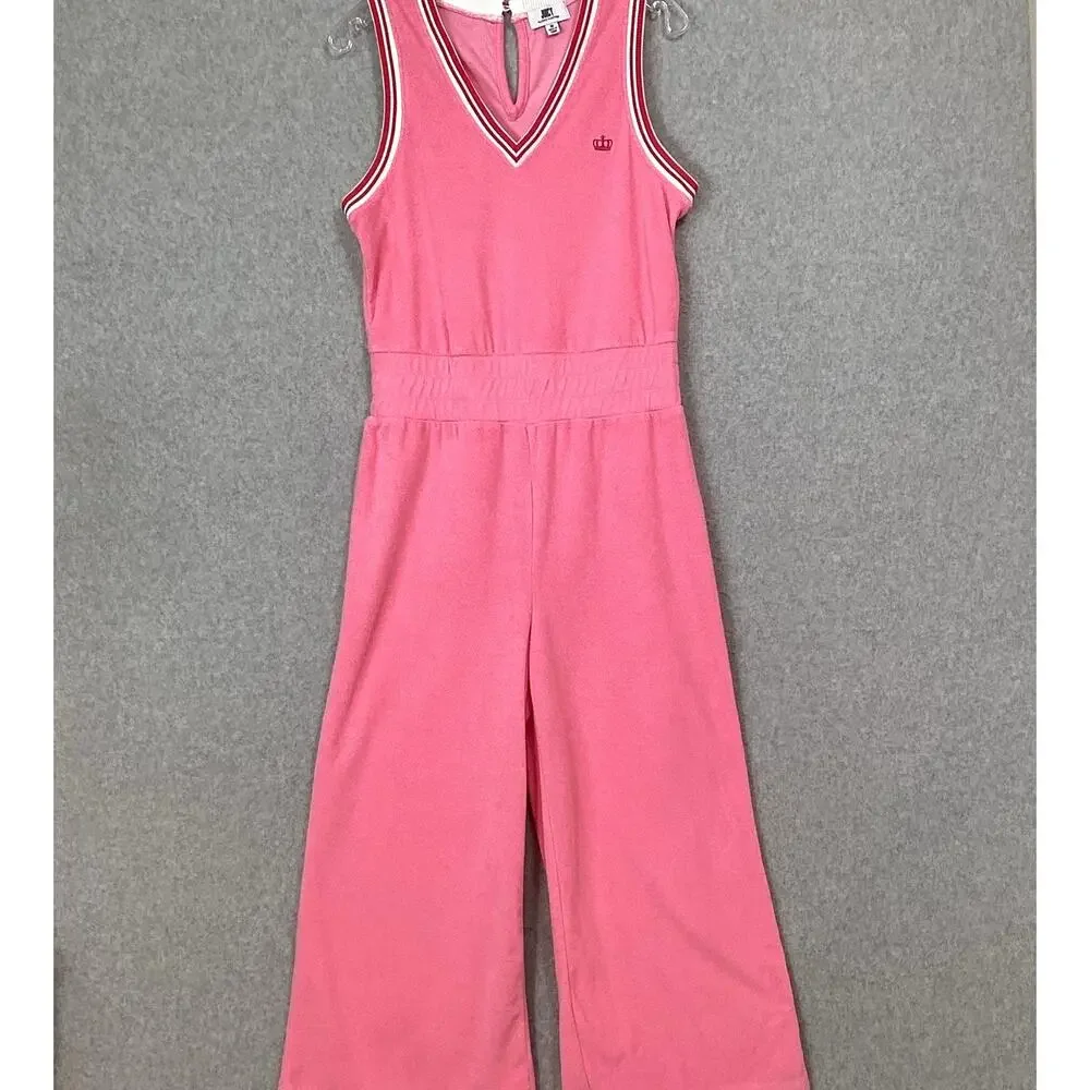 Juicy By Juicy Couture Y2K Crop Wide Leg Terry Cloth Jumpsuit Size M V Neck Pink - Picture 3 of 16